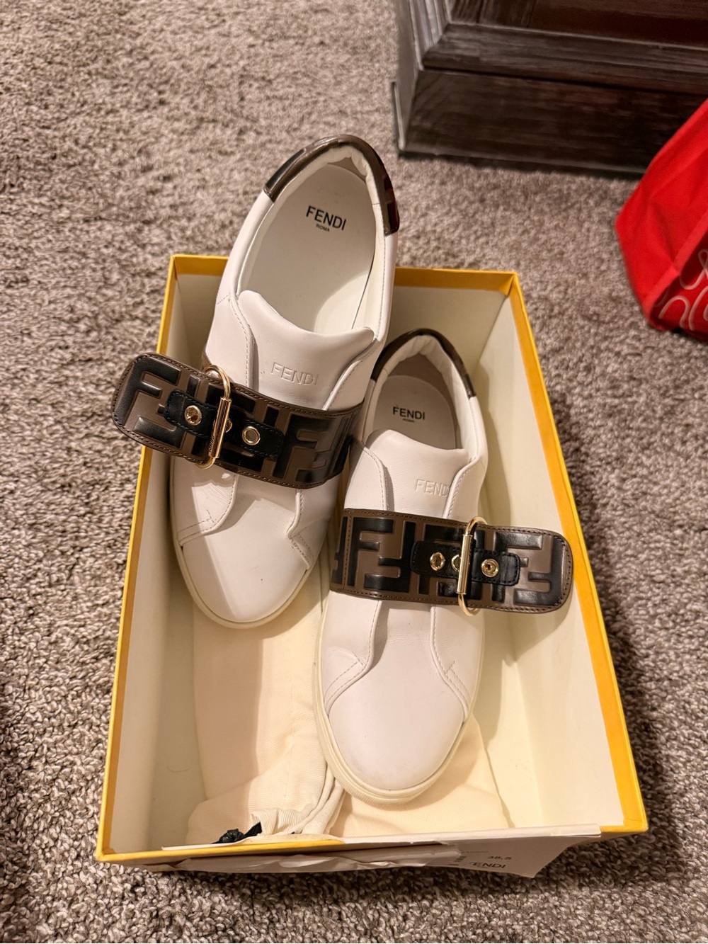 Fendi White Leather Slip-On Sneakers with Brown FF Buckle Strap